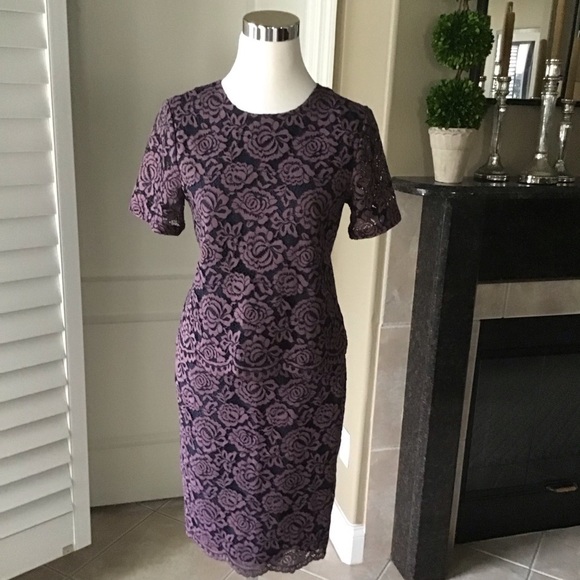 NEW Ann Taylor Dress SZ 2/XS 2-PC Top Skirt Navy Lavender Floral Lace Overlay - Picture 2 of 15